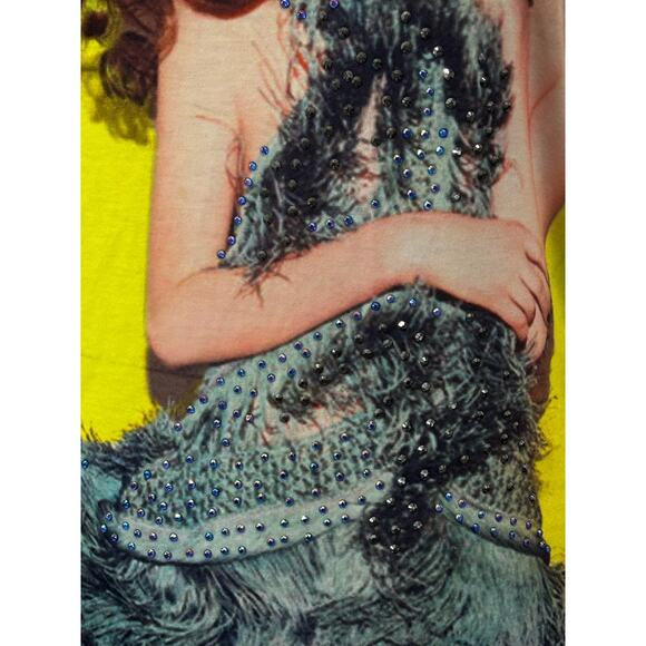 Vintage 1990s y2k Yellow + Colored Lace Bedazzled Tank Top w/ Woman Design - S? - Picture 5 of 5